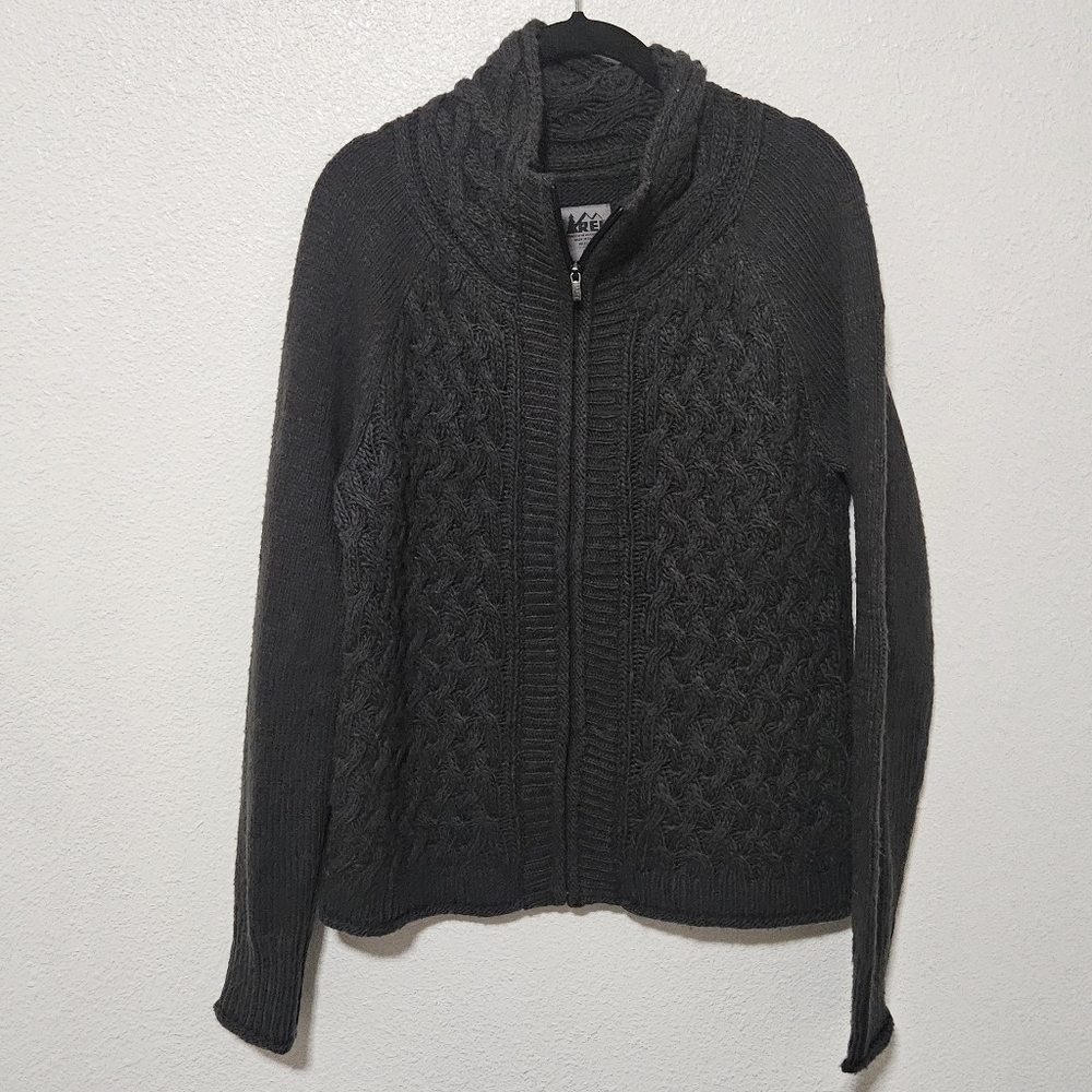 REI zip up cable knit sweater size med wool blend